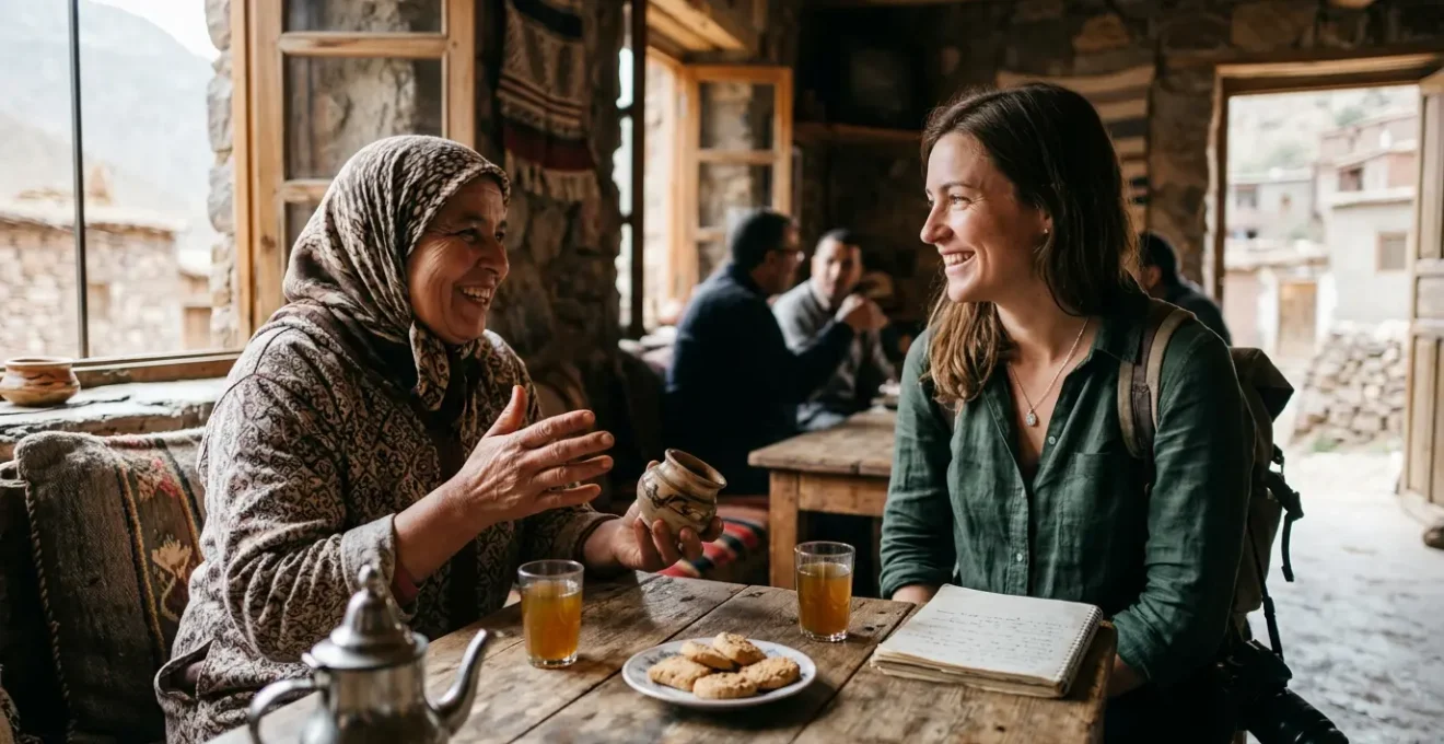 Una scena evocativa che rappresenta il momento di connessione autentica tra viaggiatore e cultura locale durante un'esperienza di immersione profonda
