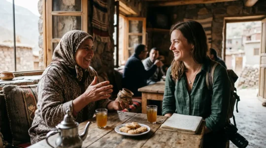 Una scena evocativa che rappresenta il momento di connessione autentica tra viaggiatore e cultura locale durante un'esperienza di immersione profonda