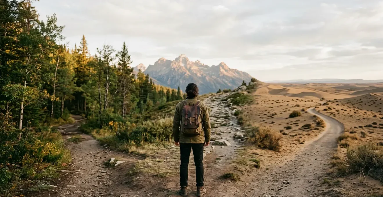 Viaggiatore in contemplazione davanti a un bivio tra percorsi naturali diversi