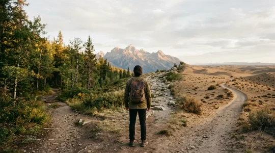Viaggiatore in contemplazione davanti a un bivio tra percorsi naturali diversi