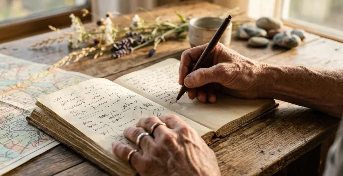 Diario di viaggio aperto con penna e oggetti di viaggio che evocano memoria emotiva
