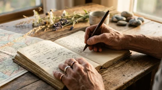 Diario di viaggio aperto con penna e oggetti di viaggio che evocano memoria emotiva