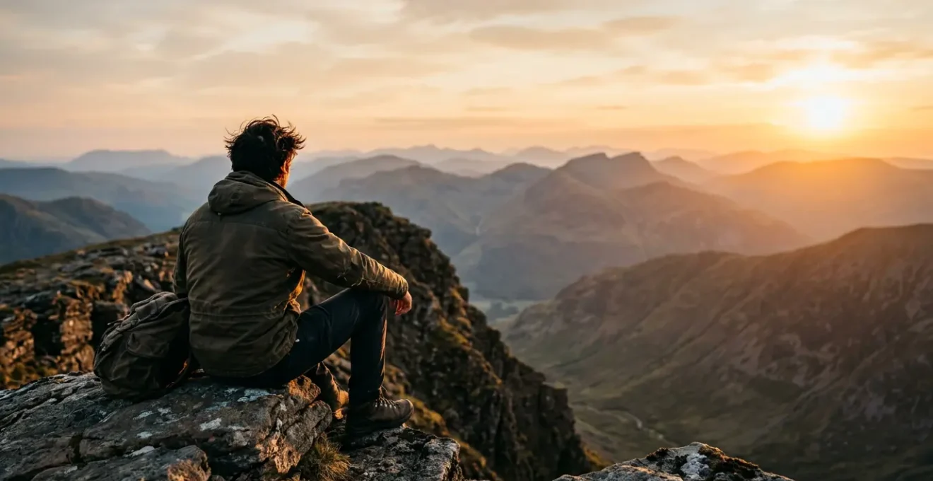 Viaggiatore contempla un tramonto di montagna senza dispositivi digitali, in piena presenza e serenità