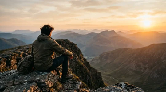Viaggiatore contempla un tramonto di montagna senza dispositivi digitali, in piena presenza e serenità