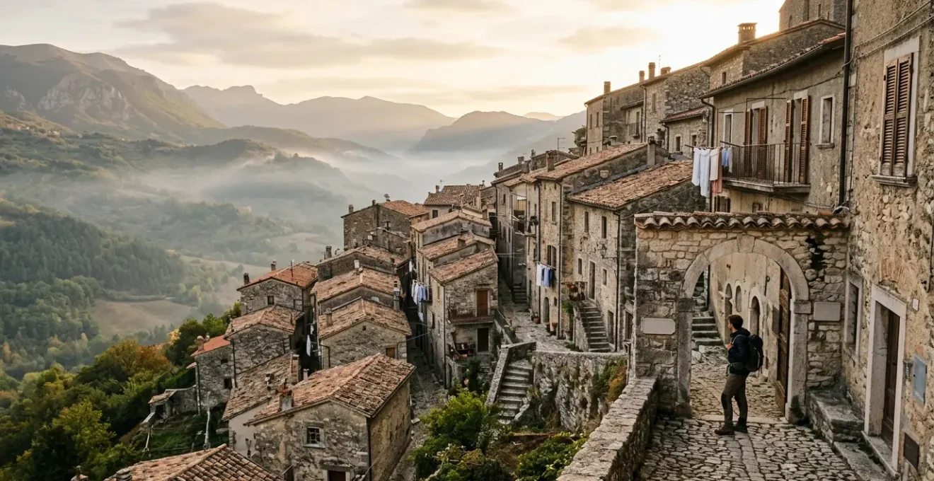 Viaggiatore che esplora un borgo autentico lontano dalle rotte turistiche tradizionali