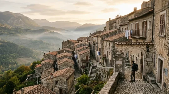 Viaggiatore che esplora un borgo autentico lontano dalle rotte turistiche tradizionali