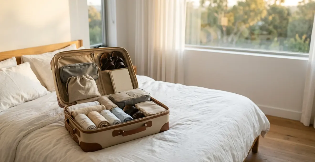 Valigia aperta perfettamente organizzata con abiti piegati e accessori da viaggio disposti ordinatamente