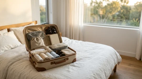 Valigia aperta perfettamente organizzata con abiti piegati e accessori da viaggio disposti ordinatamente