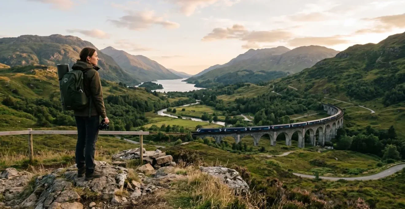 Viaggiatore con zaino leggero in paesaggio naturale incontaminato con mezzi di trasporto sostenibili