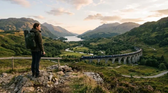 Viaggiatore con zaino leggero in paesaggio naturale incontaminato con mezzi di trasporto sostenibili