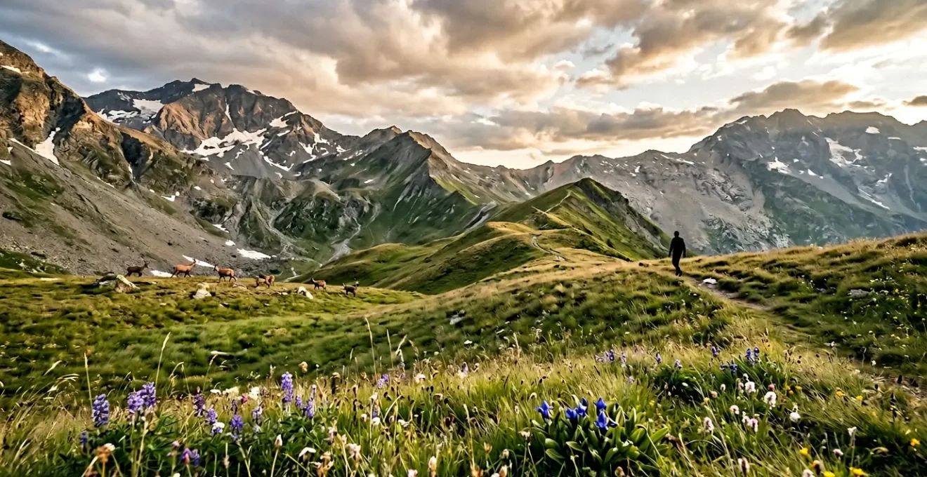 Escursionista osserva fauna selvatica da distanza rispettosa in un parco nazionale italiano