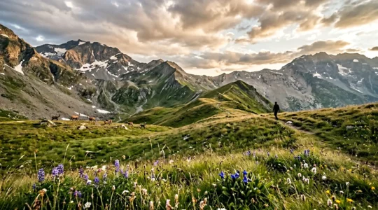 Escursionista osserva fauna selvatica da distanza rispettosa in un parco nazionale italiano