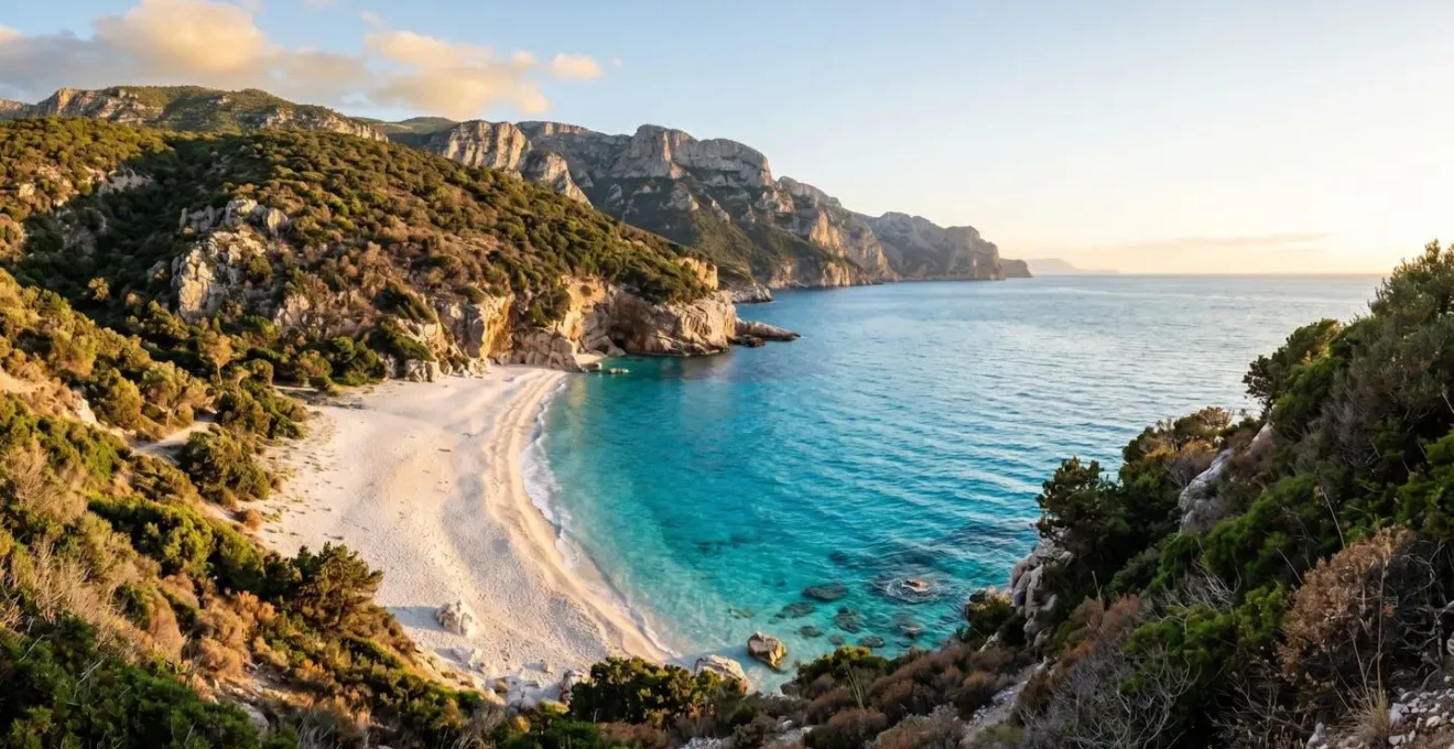 Una cala nascosta della Sardegna con sabbia bianca, acqua cristallina color turchese e vegetazione di macchia mediterranea, ambiente naturale incontaminato