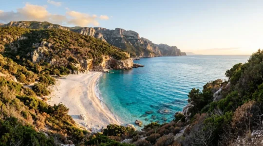 Una cala nascosta della Sardegna con sabbia bianca, acqua cristallina color turchese e vegetazione di macchia mediterranea, ambiente naturale incontaminato