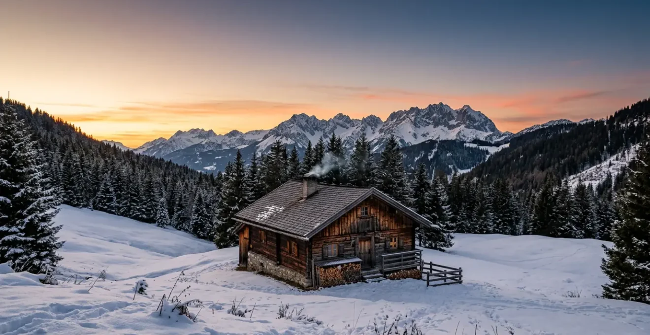 Chalet di legno antico tra boschi innevati nelle Alpi italiane durante l'inverno