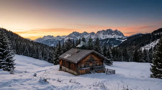 Chalet di legno antico tra boschi innevati nelle Alpi italiane durante l'inverno