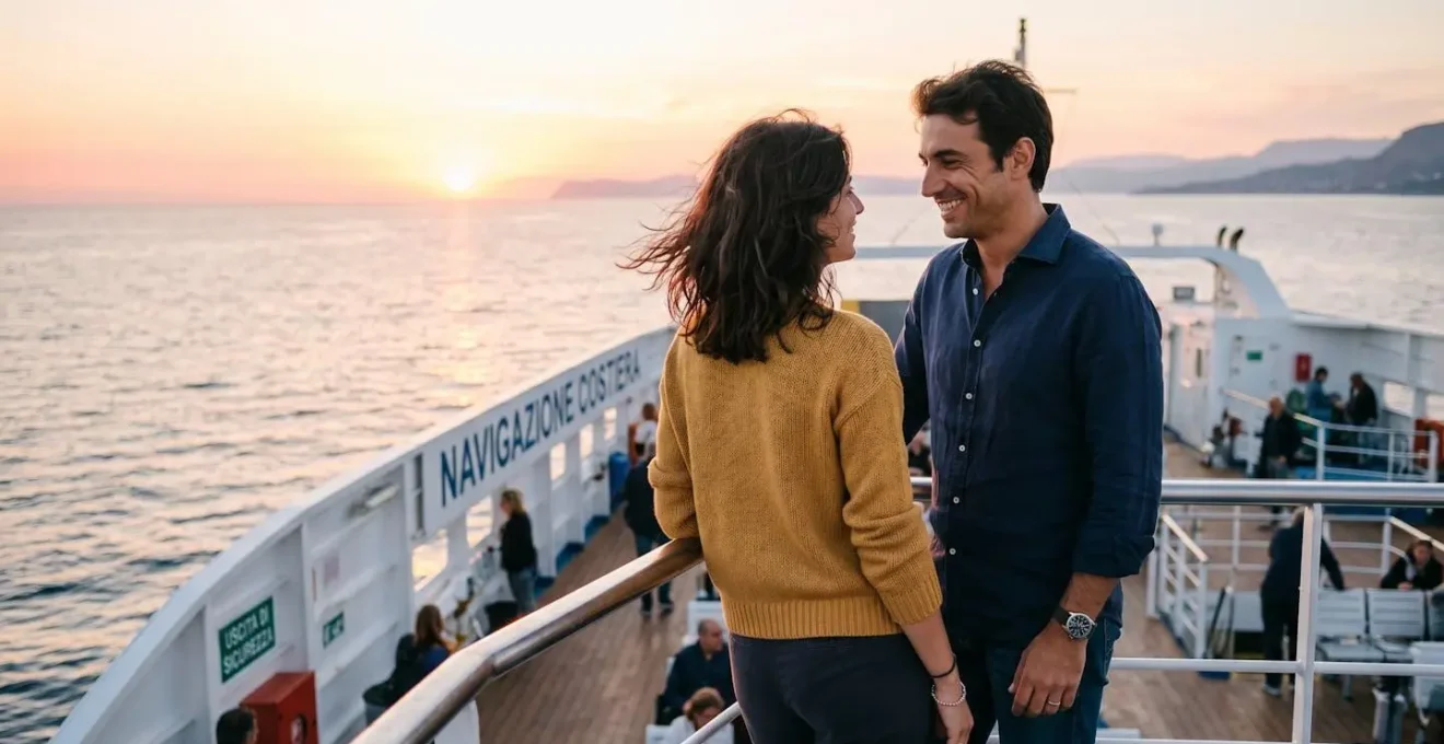 Una coppia vista di spalle osserva l'orizzonte marino dal ponte di un traghetto moderno durante il tramonto