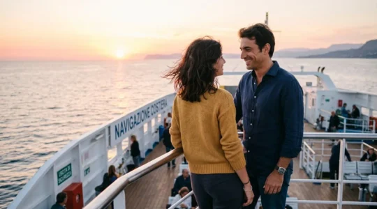 Una coppia vista di spalle osserva l'orizzonte marino dal ponte di un traghetto moderno durante il tramonto