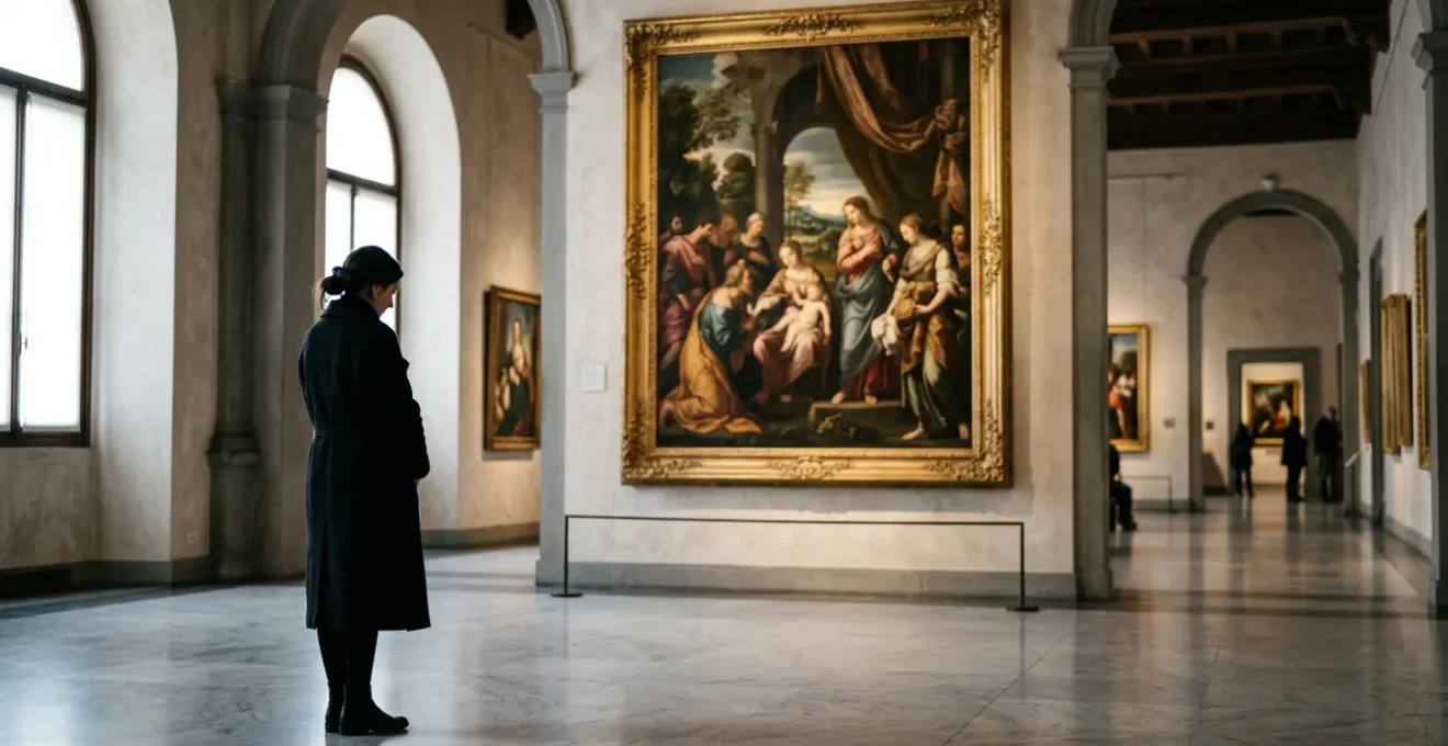 Visitatore solitario contempla un capolavoro in una galleria d'arte italiana illuminata da luce naturale