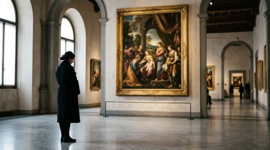Visitatore solitario contempla un capolavoro in una galleria d'arte italiana illuminata da luce naturale