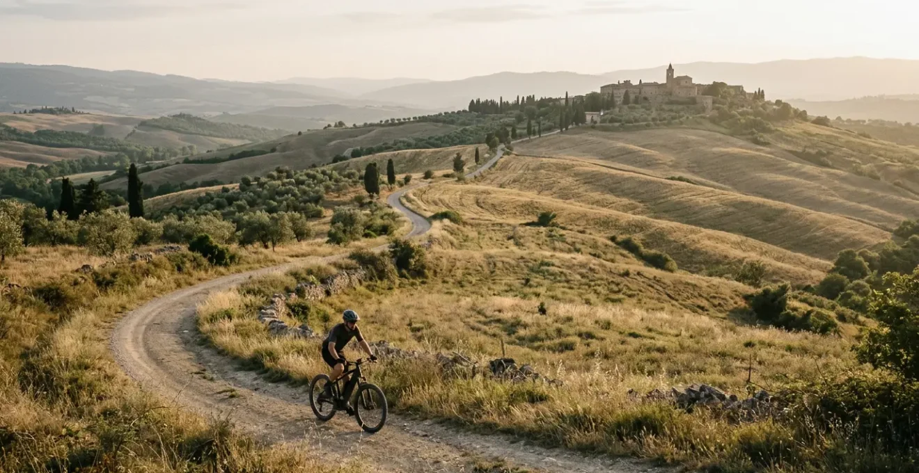 Ciclista su e-bike che esplora un sentiero panoramico tra colline verdi e borghi remoti
