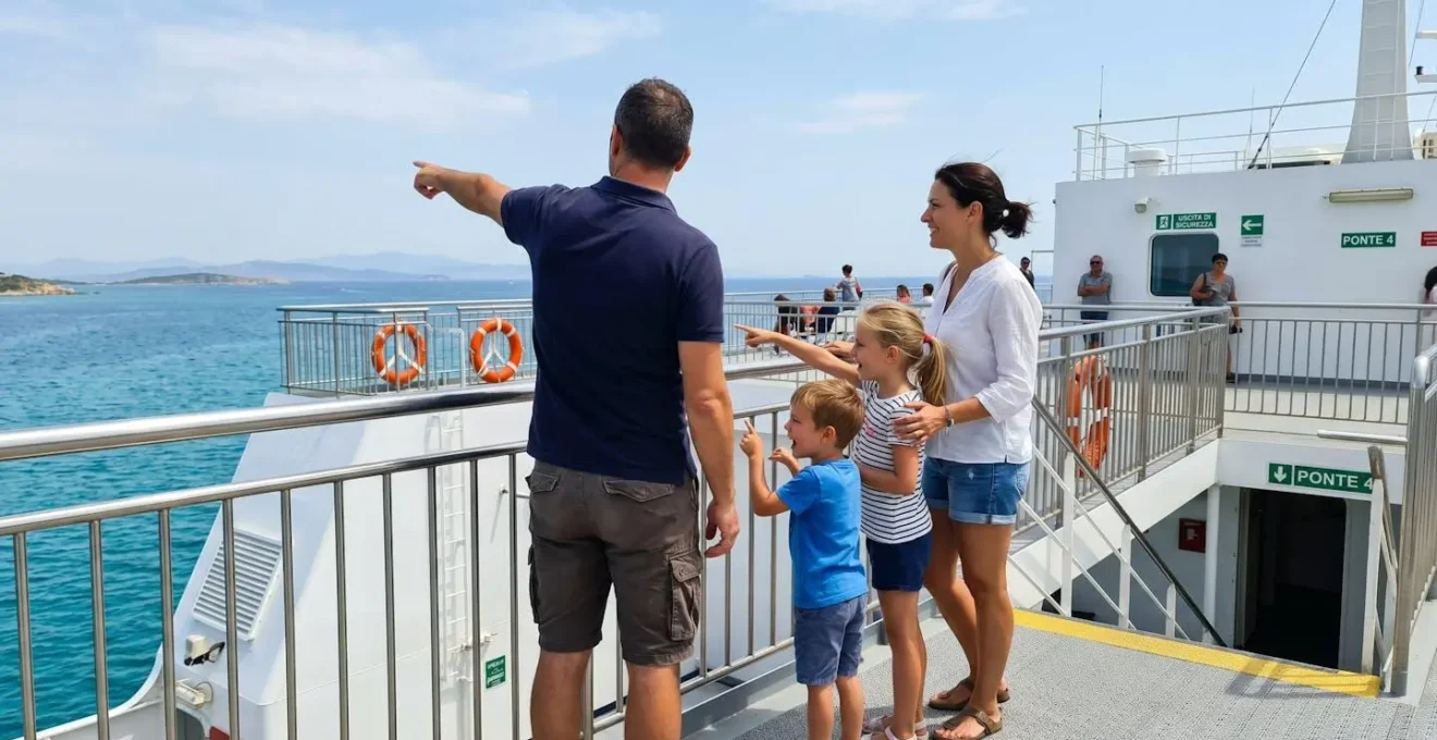 Una famiglia di quattro persone vista di spalle su un ponte esterno di un traghetto, il padre indica l'orizzonte mentre i bambini guardano il mare con curiosità