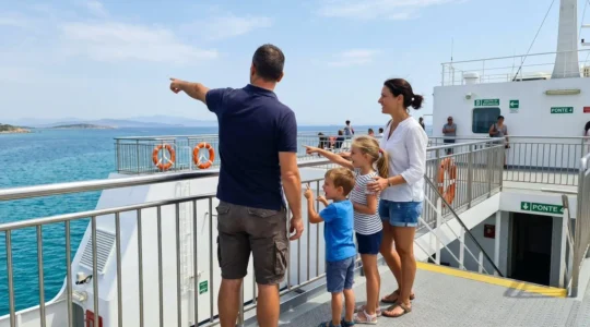 Una famiglia di quattro persone vista di spalle su un ponte esterno di un traghetto, il padre indica l'orizzonte mentre i bambini guardano il mare con curiosità