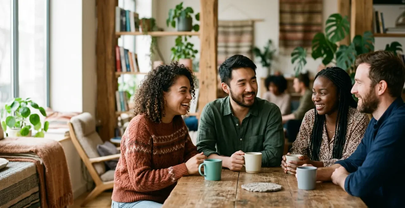 Persone che condividono uno spazio comune in un ambiente di co-living moderno e accogliente