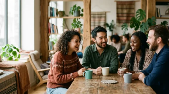 Persone che condividono uno spazio comune in un ambiente di co-living moderno e accogliente