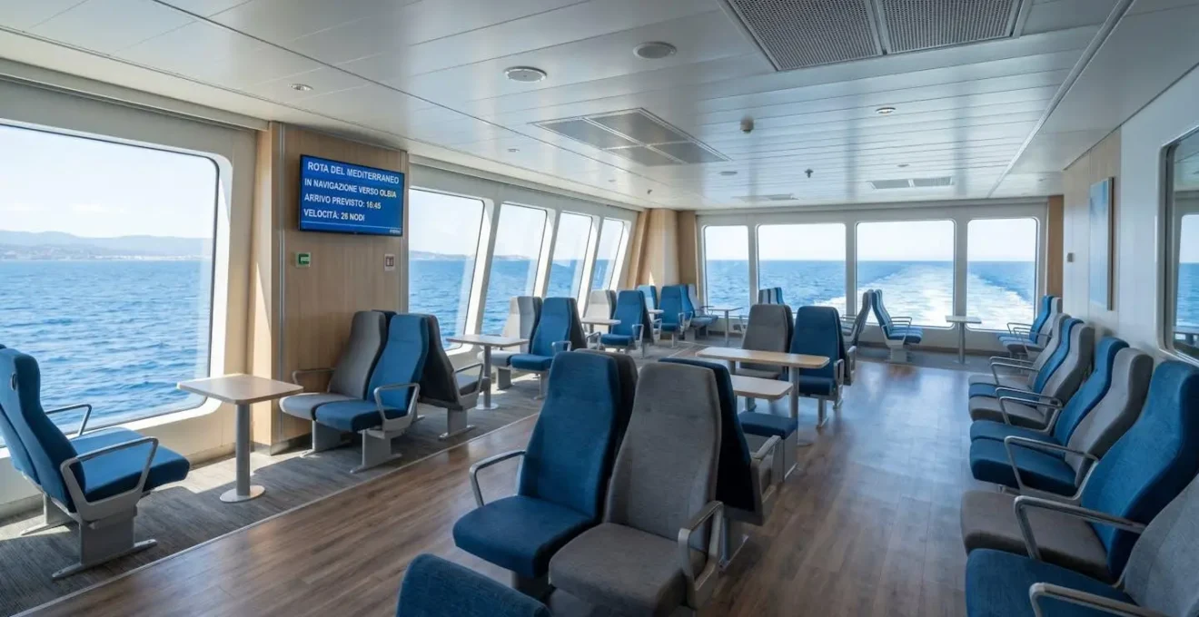 Ampia sala lounge di un traghetto moderno con poltrone comode disposte di fronte a grandi finestroni che mostrano il mare, luce naturale abbondante, design contemporaneo e pulito