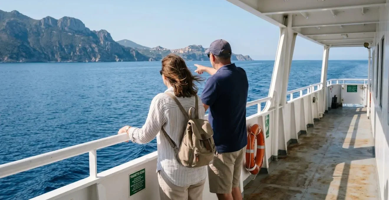 Passeggeri su un traghetto moderno guardano verso la costa della Corsica visibile all'orizzonte durante una traversata diurna