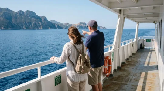 Passeggeri su un traghetto moderno guardano verso la costa della Corsica visibile all'orizzonte durante una traversata diurna