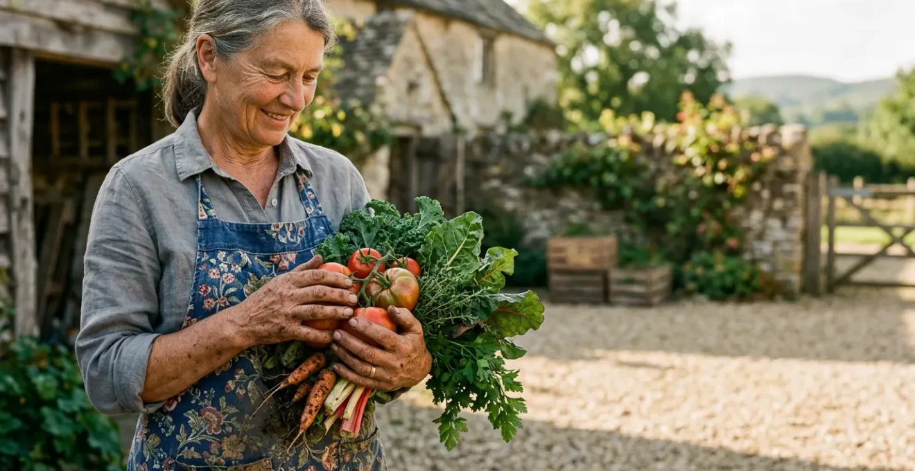Agricoltore che mostra con orgoglio i prodotti biologici della sua azienda agricola autentica