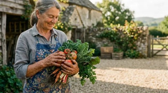 Agricoltore che mostra con orgoglio i prodotti biologici della sua azienda agricola autentica