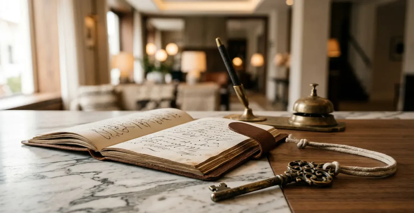 Dettaglio ravvicinato di elegante reception boutique hotel con elementi di design curati e materiali pregiati