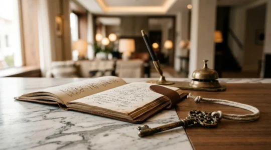 Dettaglio ravvicinato di elegante reception boutique hotel con elementi di design curati e materiali pregiati