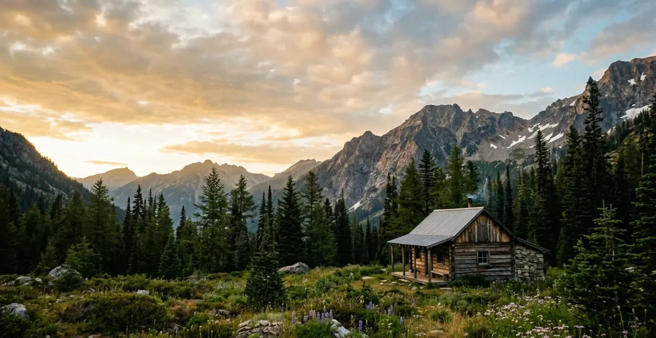 Baita di legno isolata immersa in un paesaggio montano selvaggio al tramonto