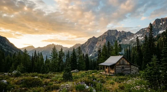 Baita di legno isolata immersa in un paesaggio montano selvaggio al tramonto