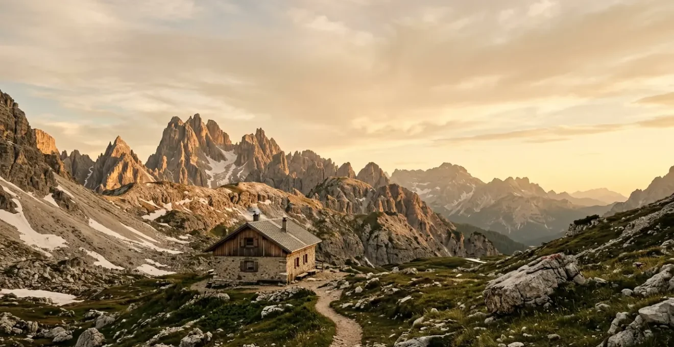 Vista panoramica di un rifugio alpino tradizionale nelle montagne italiane al tramonto