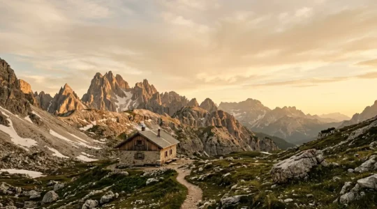 Vista panoramica di un rifugio alpino tradizionale nelle montagne italiane al tramonto