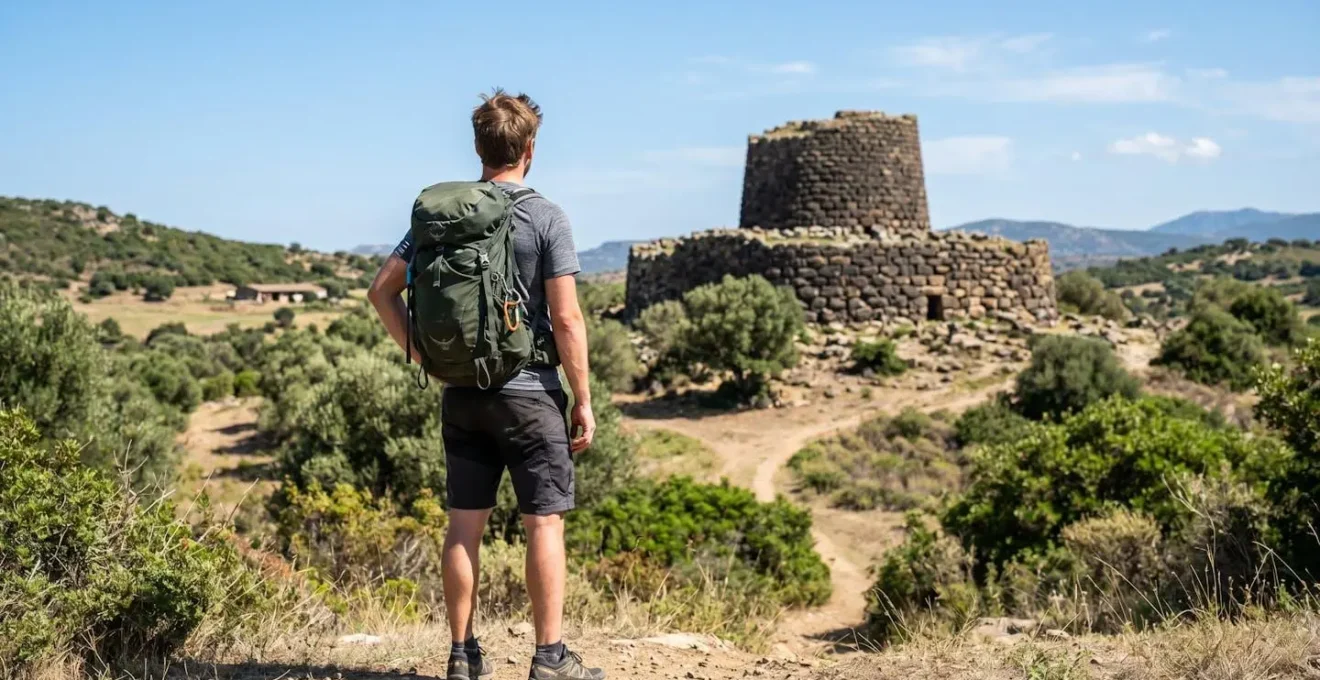 Un escursionista di spalle con zaino da trekking osserva un'antica torre nuragica in pietra nella campagna sarda, momento autentico di scoperta