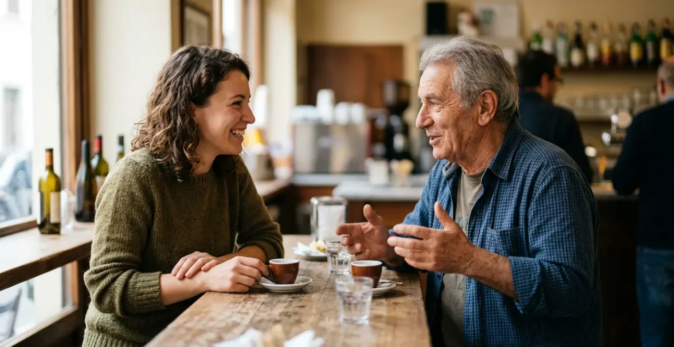Persona seduta al bar di quartiere italiano condividendo momento autentico con residenti locali