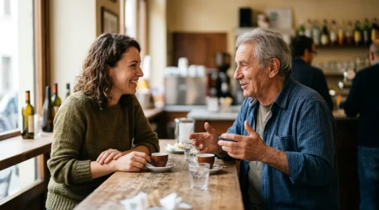 Persona seduta al bar di quartiere italiano condividendo momento autentico con residenti locali