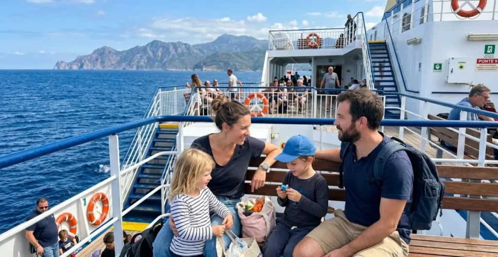 Una famiglia con bambini sul ponte di un traghetto durante una traversata diurna verso la Corsica, momento spontaneo di viaggio Una famiglia con bambini sul ponte di un traghetto durante una traversata diurna verso la Corsica, momento spontaneo di viaggio