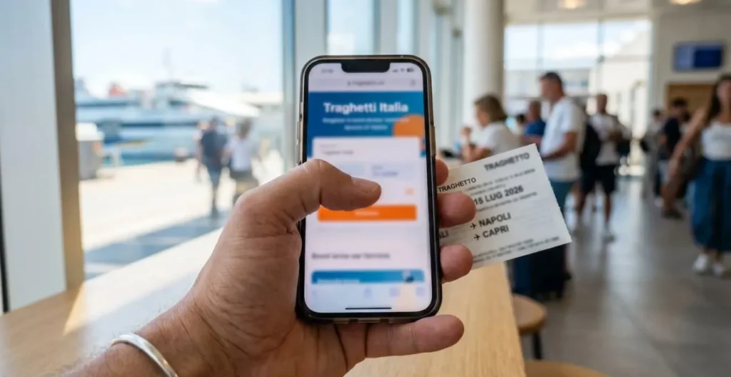 Primo piano di una mano che tiene uno smartphone con schermo sfocato durante una prenotazione online di traghetti Primo piano di una mano che tiene uno smartphone con schermo sfocato durante una prenotazione online di traghetti