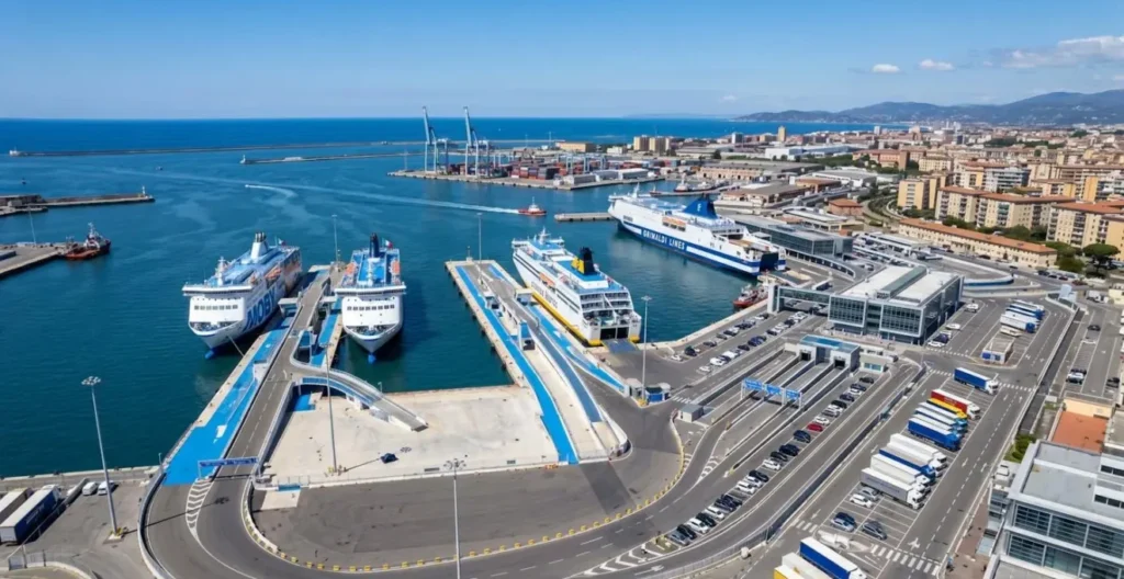 Vista aerea del porto di Livorno con traghetti attraccati ai moli e infrastrutture portuali moderne sotto la luce del giorno Vista aerea del porto di Livorno con traghetti attraccati ai moli e infrastrutture portuali moderne sotto la luce del giorno